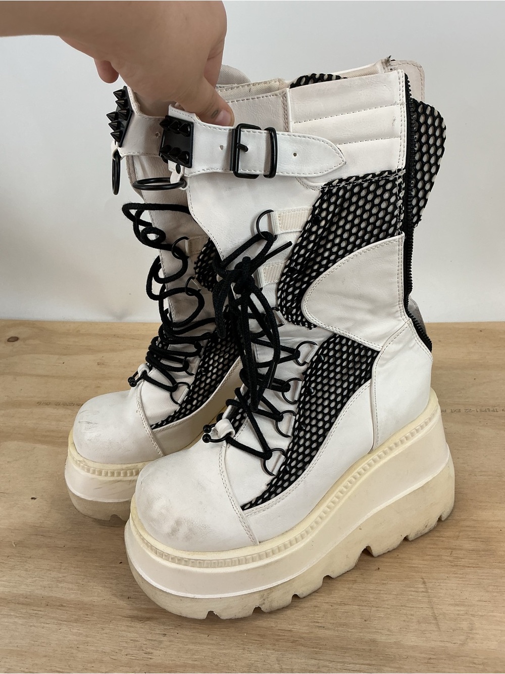 Demonia White Platform Combat Boots with Black Mesh Accents Size 8